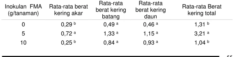 Tabel 4. Rata-rata berat kering (g)tanaman D. heterophyllum yang diinokulasi FMA selama 8minggu setelah tanam.