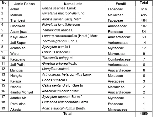 Tabel 4.1 Inventarisasi jenis pohon pelindung di kota Palu Sulawesi Tengah. 