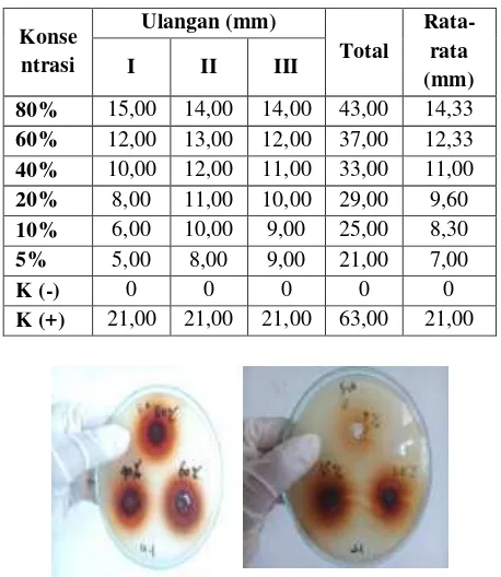 Tabel 2.Diameter zona hambat ekstrak kulit bawang merah terhadap Stapylococcus aureus dengan metode sumuran