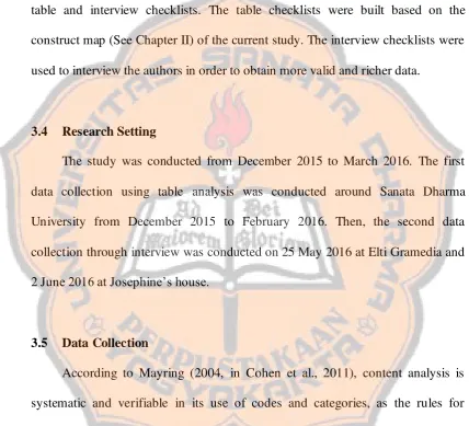 table and interview checklists. The table checklists were built based on the 