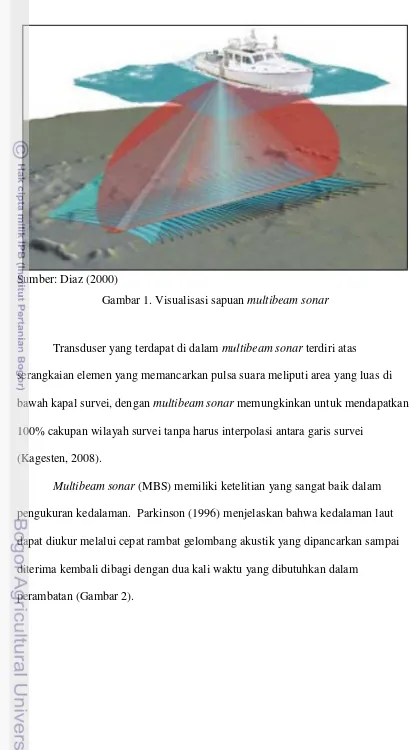 Gambar 1. Visualisasi sapuan multibeam sonar  