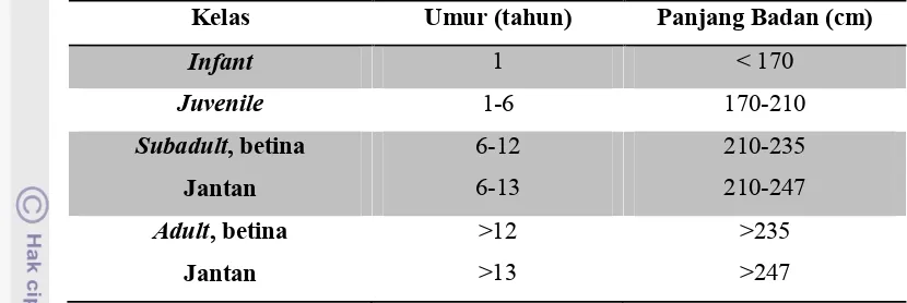 Tabel 2 Klasifikasi umur lumba-lumba berdasarkan total panjang badan standar (Laetherwood & Reeves 1990)