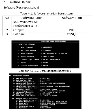 Tabel 4.1. Software lama dan baru sistem 