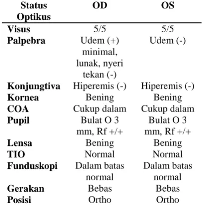 Tabel 3. Status oftalmologi saat kontrol tanggal 14  