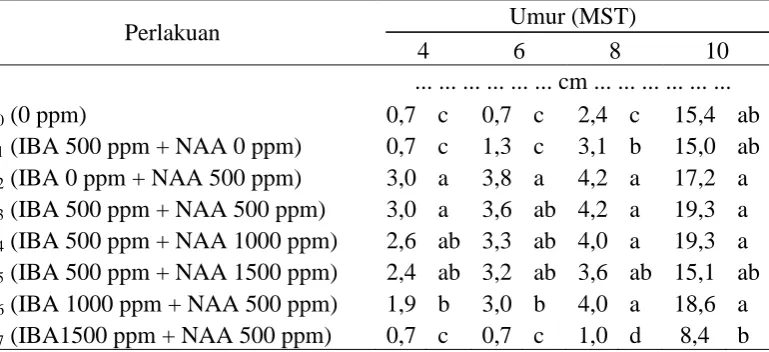 Tabel 4. Panjang tunas (cm) setek tanaman buah naga pada berbagai kombinasi IBA dan NAA  