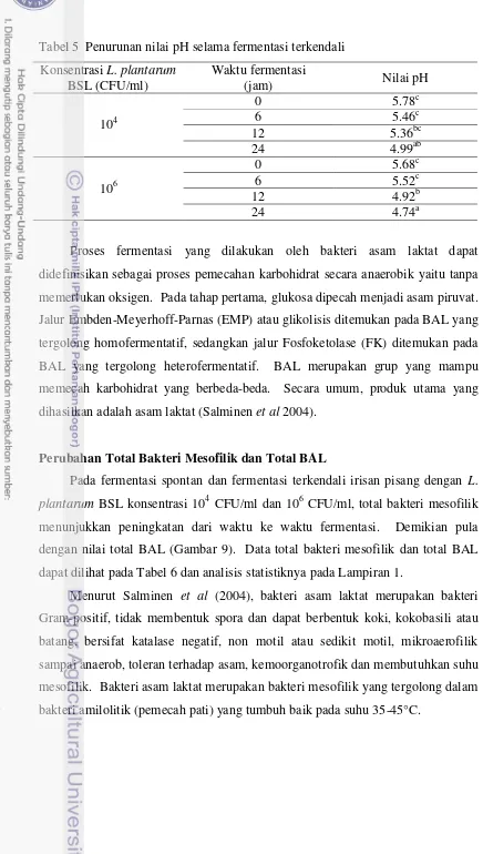 Tabel 5  Penurunan nilai pH selama fermentasi terkendali 