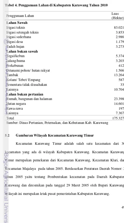Tabel 4. Penggunaan Lahan di Kabupaten Karawang Tahun 2010 