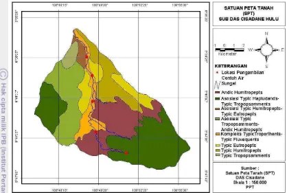 Gambar 3. Peta jenis tanah di lokasi penelitian Sub DAS Cisadane Hulu, Bogor. 