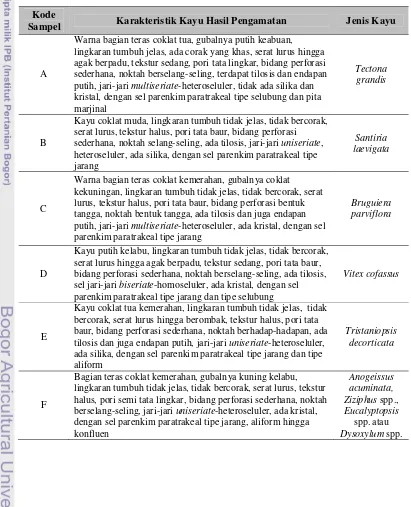 Tabel 6  Hasil identifikasi jenis keenam potongan kayu  