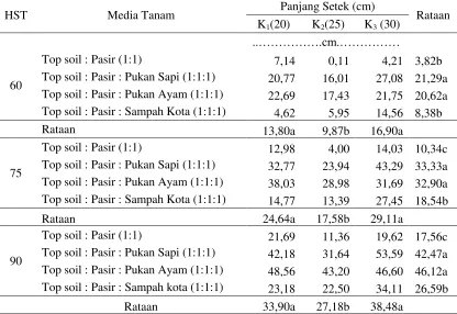 Tabel 3. Panjang tunas (cm) tanaman buah naga pada berbagai komposisimedia tanam dan panjang setek