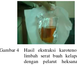 Gambar 4 Hasil ekstraksi karotenoid dari limbah serat buah kelapa sawit dengan pelarut heksana-aseton (10:1 v/v)