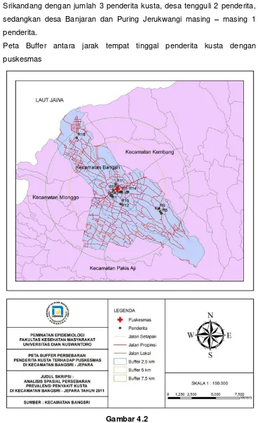 Gambar 4.2 Peta buffer antara tempat tinggal penderita kusta dengan puskesmas 