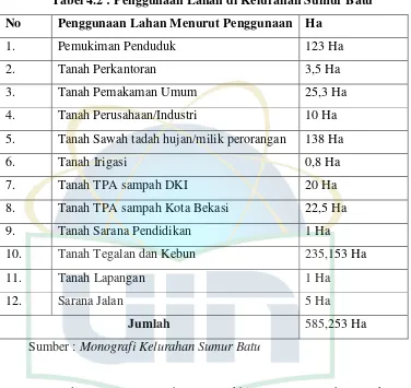 Tabel 4.2 : Penggunaan Lahan di Kelurahan Sumur Batu 