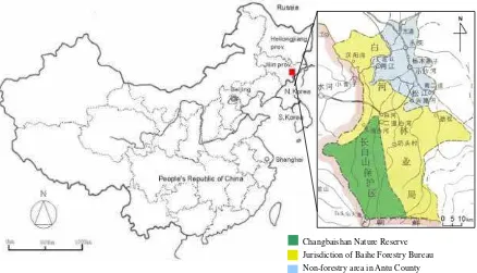 Figure 3.2.  Jurisdiction of Baihe Forestry Bureau (Yanbian Forestry Management Bureau, 1997) 