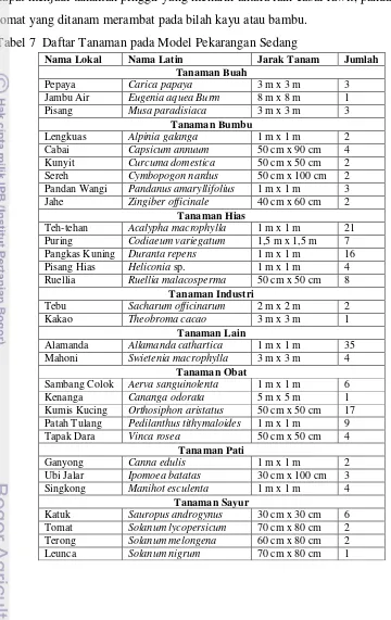 Tabel 7  Daftar Tanaman pada Model Pekarangan Sedang 