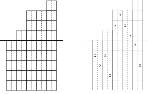 Figure 3: An example of the board B(2)5 , with B = F(0, 1, 3, 4, 4), along with a correspondingexample of a ﬁle placement.