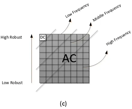 Gambar 3 (a) DCT Zigzag, (b) DCT coefficient and (c) Frekuensi divisi dari DCT 