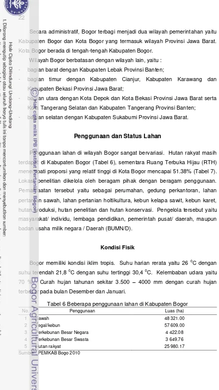 Tabel 6 Beberapa penggunaan lahan di Kabupaten Bogor 