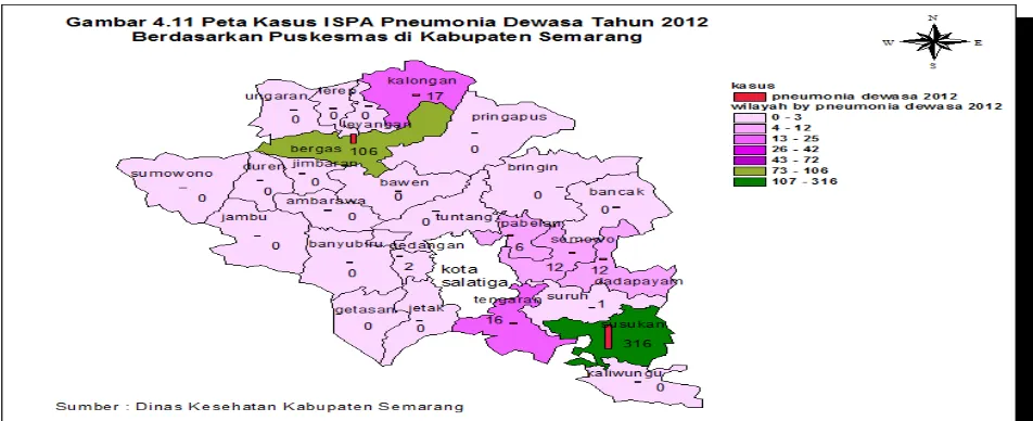 Gambar 4.10 Peta Kasus ISPA Pneumonia Dewasa Tahun 2011 Berdasarkan Puskesmas di Kabupaten Semarang 