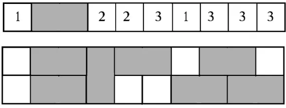 Figure 4: A transformation of a (1 × 10)-board to a (2 × 10)-board by the rules above.