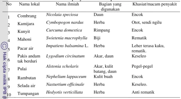 Tabel  28    Spesies  tumbuhan  obat  di  Kawasan  Hutan  Lindung  RPH  Guci  yang   dimanfaatkan untuk penyakit telinga 