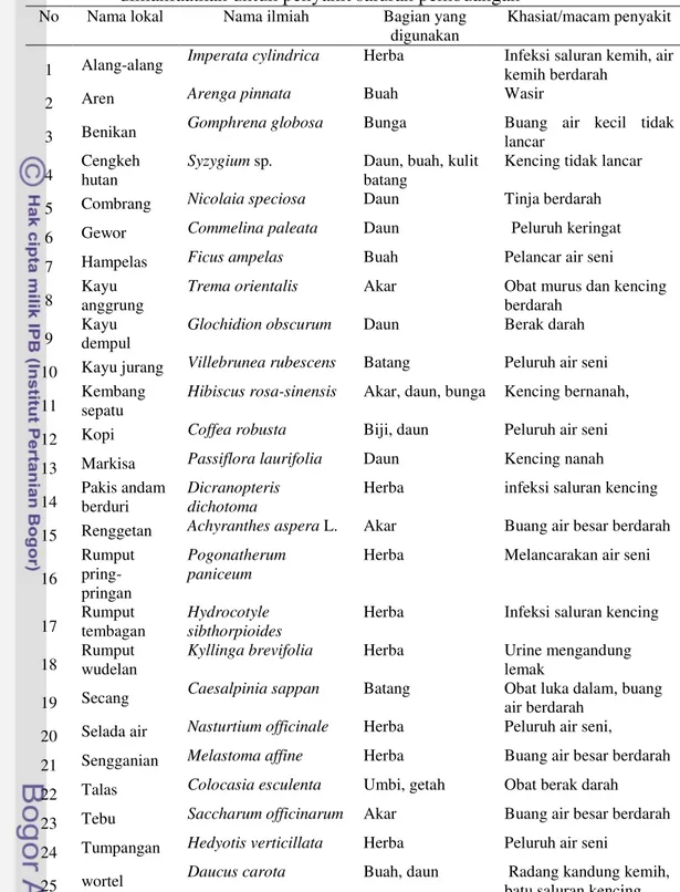 Tabel  30    Spesies  tumbuhan  obat  di  Kawasan  Hutan  Lindung  RPH  Guci  yang   dimanfaatkan untuk penyakit saluran pembuangan 