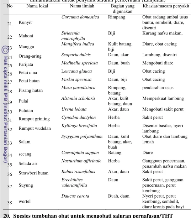 Tabel  31    Spesies  tumbuhan  obat  di  Kawasan  Hutan  Lindung  RPH  Guci  yang   dimanfaatkan untuk penyakit saluran pencernaan (Lanjutan) 