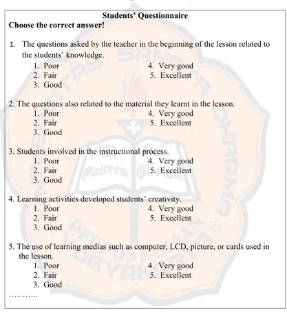 Table 3.3 Sample of Students‟ Questionnaire 