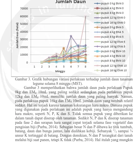 Gambar 3. Grafik hubungan variasi perlakuan terhadap jumlah daun tanaman  legume selama 8 minggu (MST)