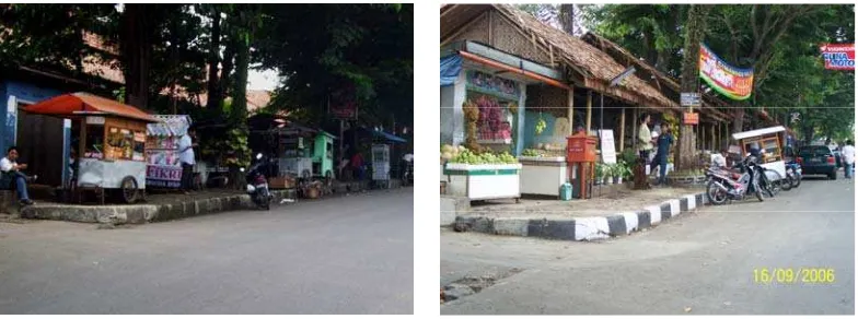 Gambar 4  Kondisi awal PKL (gambar kiri) yang berdagang di trotoar dan tanpa kepastian usaha dan kondisi setelah terorganisasi dalam Saung Tegal Gundil (STG) (gambar kanan) 