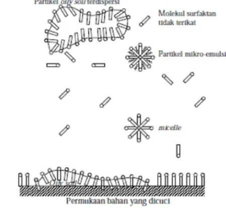 Gambar 3. Mekanisme pembersihan oleh surfaktan (Hargreaves 2003). 