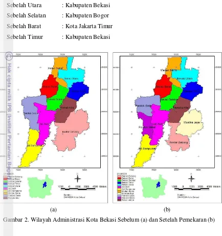 Gambar 2. Wilayah Administrasi Kota Bekasi Sebelum (a) dan Setelah Pemekaran (b) 