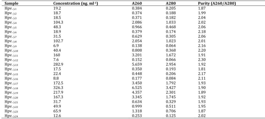 Table 2: Concentration and purity of isolated DNA from cervical smear samples 