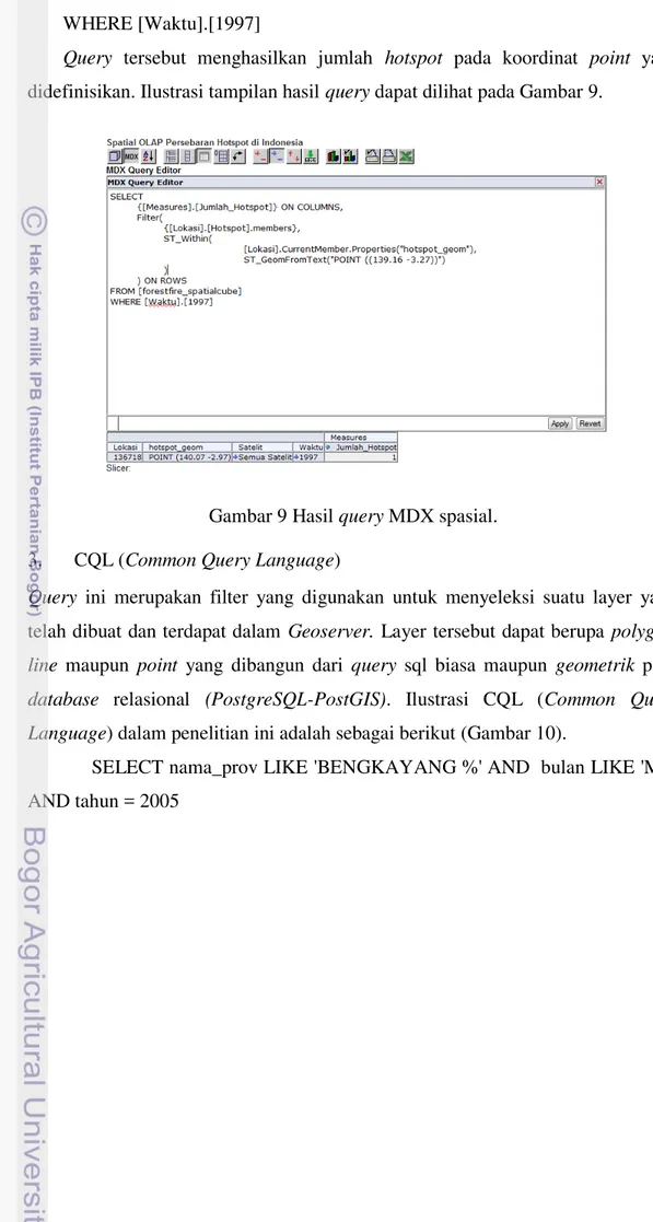 Gambar 9 Hasil query MDX spasial.  3.  CQL (Common Query Language) 