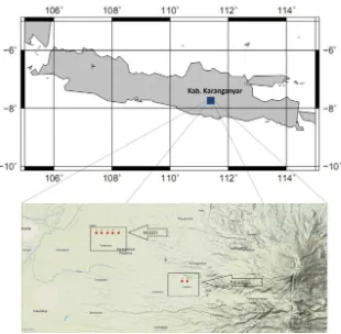 Gambar 1. (color online) Lokasi pengambilan data Magnetotelurik di Ngijo dan Pokoh Karanganyar.