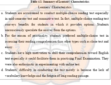 Table 4.2: Summary of Learners’ Needs 