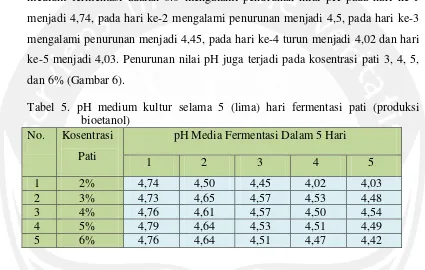 Tabel 5. pH medium kultur selama 5 (lima) hari fermentasi pati (produksi 