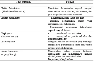 Tabel 3 .Jenis mikroorganisme yang terdapat dalam kultur EM4 serta peranannya Jenis organism Peranan 