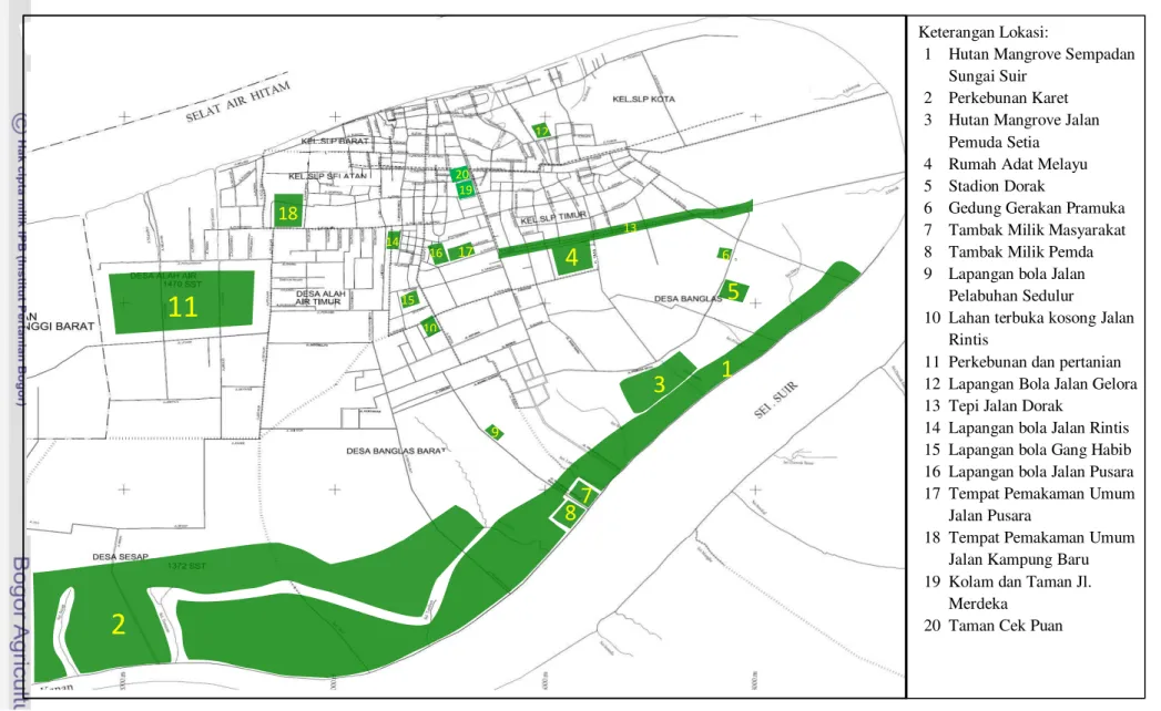 Gambar 2  Letak lokasi-lokasi RTH Kota Selatpanjang sebagai calon hutan kota. 