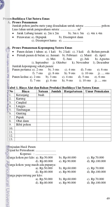 Tabel 1. Biaya Alat dan Bahan Produksi Budidaya Ulat Sutera Emas 