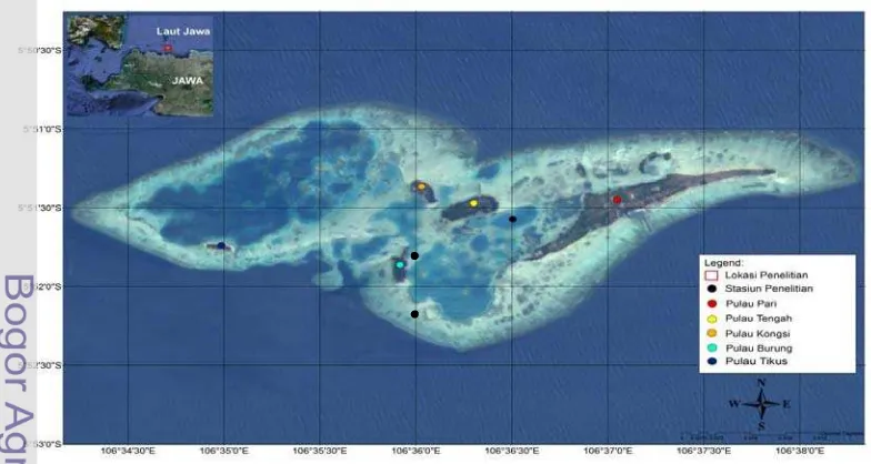 Gambar 8Peta lokasi penelitian dan stasiun pengamatan Pulau Pari (   ). 