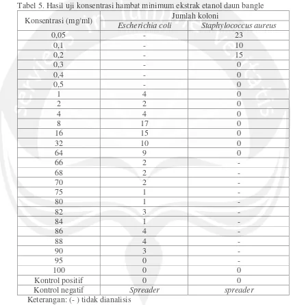 Tabel 5. Hasil uji konsentrasi hambat minimum ekstrak etanol daun bangle 