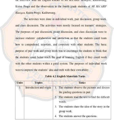 Table 4.2 English Materials Tasks 