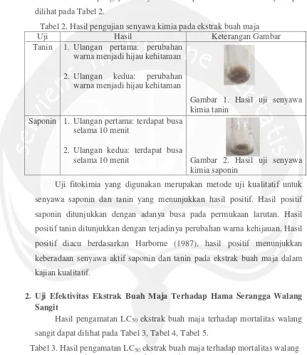 Tabel 3. Hasil pengamatan LC50 ekstrak buah maja terhadap mortalitas walangsangit dengan menggunakan metode semprot serangga.