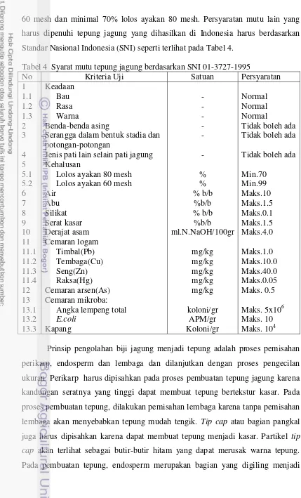 Tabel 4  Syarat mutu tepung jagung berdasarkan SNI 01-3727-1995 