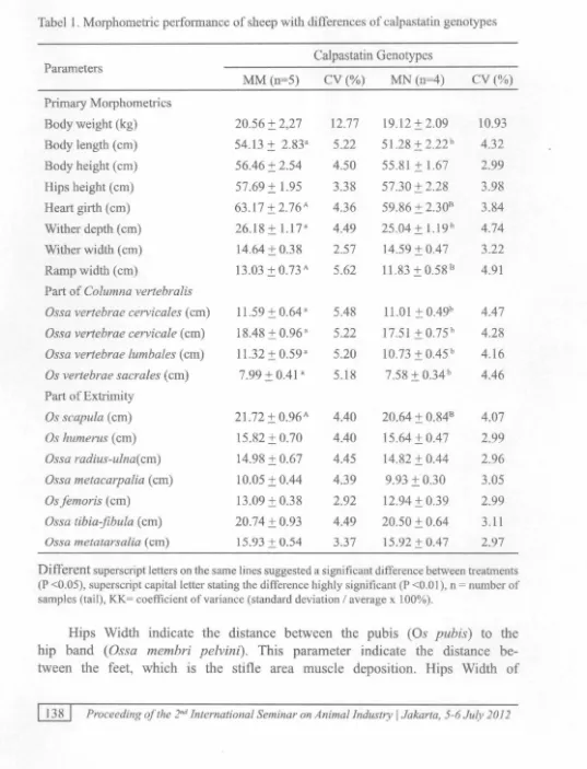 Tabel 1. Morphometric performance of sheep with differences of calpastatin genotypes 