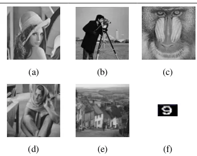 Gambar 6: Citra asli: (a) Lena, (b) Cameraman, (c) Baboon, (d) Barbara, (e) Goldhill; dan (f) the watermark 