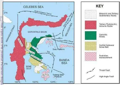 Gambar 4  Kerangka struktur geologi Pulau Sulawesi (Bergman et al. 1996) 