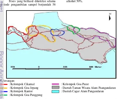 Gambar 1  Peta persebaran kelompok monyet ekor panjang di Taman Wisata Alam Pangandaran.