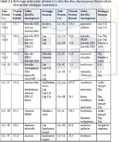 Tabel 2.1.Beberapa jenis-jenis protein Cry dari Bacillus thuringiensis berdasarkan 